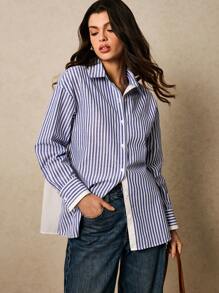 Poéselle Women Casual/Commute Striped Long Sleeve Shirt - Blue and White - View 6