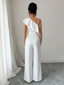 Elenzga 女式荷叶边不对称领口连体裤，夏季新品 - 白色 - 查看 2