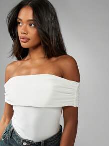 MISSGUIDED Off Shoulder Bodysuit Foldover Bardot Top Elegant Party Evening Occasion Fitted Sleeveless Summer Spring Versatile Form-Fitting Clubwear Essential - White - View 3
