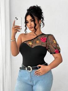 Elenzga Body elegante con cuello asimétrico, mangas cortas, decorado con volantes de malla con estampado de hojas en talla grande - Multicolor - Ver 1