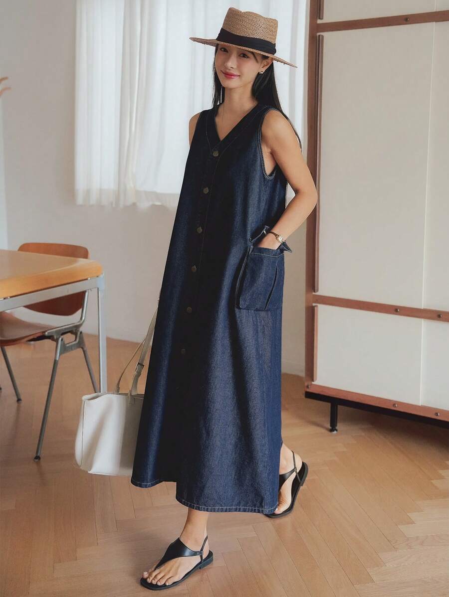 Dazy-Less 复古水洗直筒宽松口袋装饰商务休闲简约女式牛仔连衣裙，夏季 - 深色水洗藍 - 查看 1