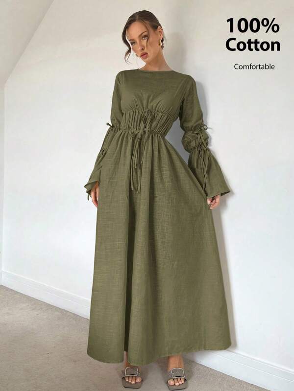 Siren Gaze New Autumn Ladies Pleated Tie Waist Extra Long Lantern Sleeve A-Line Maxi Casual Dress, Loose And Comfortable For Fall/Winter