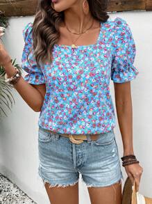 Breezaya 女式休闲碎花印花方领泡泡袖衬衫，夏季