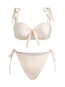 Swim Mod Plus Size Women 3pcs Set Solid Color Sweet Cute Apricot Strappy Flower Decor Bikini Crop Top, Drawstring Tie-Up Mini Skirt, Beach Holiday Swimwear, For Summer Vacation
