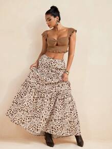 LUNA B Leopard Print Elastic Waist Ruffle Layered A Line Maxi Skirt For Summer Vacation Skirt Women Summer Set Women 2 Pieces - Multicolor - View 4