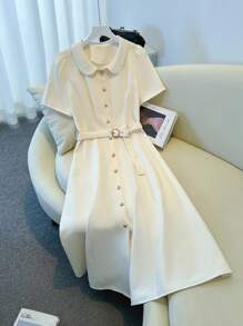 Franclia Elegant Notch Collar Short Sleeve Cinched Waist Waist Single Breasted Solid Color Spring/Summer Dress