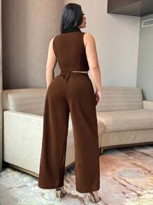 SHEIN Unity 2 Stücke/Set Damen Große Größen eleganter schwarzer & weißer Kontrast Hosenanzug aus Weste und Hose, Knopf-Dekor zusammenpassendes Outfit - Verschiedenfarbig - Übersicht 2