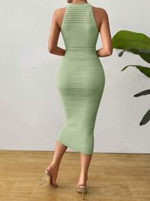 SHEIN Clasi Women Sleeveless Casual Minimal Textured Perforated Ruched Sweater Dress - Olive Green - View 2