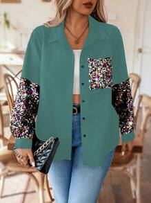 Calvaya Plus Size Sequin Long Sleeve Shirt, Fashion For Summer Fall Cloth For Women - Mint Green - View 3