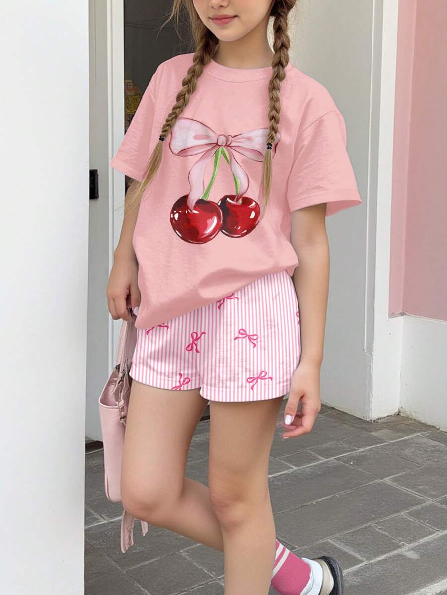SHEIN Leap Crew 2pcs/Set Girls Casual Simple Cherry Print Short Sleeve Tee & Shorts Set, Suitable For Summer - Multicolor - View 1