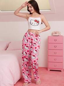 HELLO KITTY AND FRIENDS | SHEIN Women's Cute Cartoon Cat Bow Pattern White Cami Top & Pink Trousers Pajamas Set, Y2K, Sweet, Daily, Home, Leisure, Summer - Pink - View 7