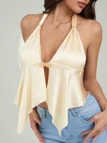 SHEIN Tall Halter Metal Buckle Decor Satin Tie-Up Fashionable Going Out Party Sexy Champagne Women Camisole