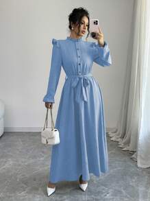 Elenzga Women's Solid Color Ruffle Edge Front Button Long Sleeve Casual Long Cinched Waist Dress Maxi Women Outfit Fall Cloth For Women - Blue - View 6