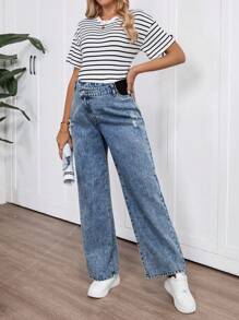 SHEIN Maternity Loose Straight Leg Blue Jeans,Mother Day/Mom/Mother/ Mommy/Mother's Day/Mama/Mum/Mother's Day Gift,Summer / Summer Outfits For Women/ Summer Clothes / Cute Summer Tops/ Summer Bottoms/Summer For Women - Blue - View 4