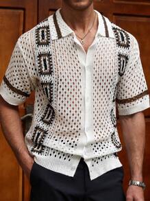 Manfinity CityGents Men's Geometric Pattern Hollow Out Short Sleeve Single-Breasted Knit Top - Multicolor - View 1