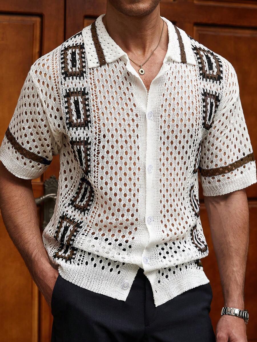 Manfinity CityGents Men's Geometric Pattern Hollow Out Short Sleeve Single-Breasted Knit Top - Multicolor - View 1