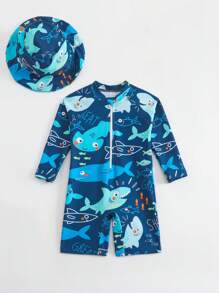 SHEIN Toddler Boys' Swimwear, Adorable Cartoon Print Long Sleeve One-Piece With Sun Hat, Suitable For Summer Vacation, Beach, Surfing, Water Park
