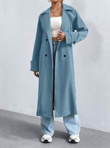 Flirla Women's Solid Color Double-Breasted Long Sleeve Long Trench Coat Fall Winter Cloth For Women - Blue - View 5
