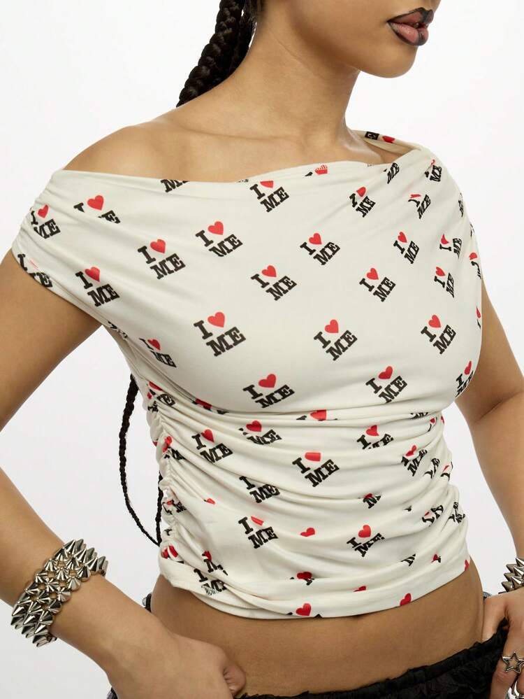 SUMWON WOMEN Ruched Jersey Off Shoulder Fitted Short Sleeve Statement Crop Top