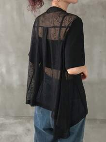 FRIFUL Femmes Chemise d'été décontractée avec col rond, en patchwork de dentelle, coupe ample et dos ouvert