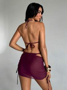 Aloruh 3 件套女士比基尼套装，性感优雅浪漫复古紫色、酒红色、栗色迷你三角吊带上衣、迷你丁字裤、迷你裙罩衫，适合度假、海滩