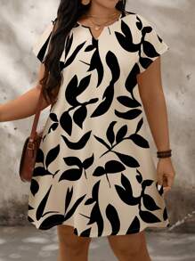 SHEIN LUNE Plus Size Leaf Print Casual Colorblock Pattern Loose Short Sleeve Dress, Suitable For Summer Chic Dress - Beige - View 3