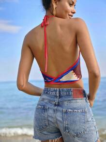 Travachic Women's Tropical Plant Print Tie Front Cropped Cami Tank Top, Vacation Style