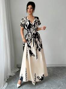 Elenzga Vestido largo con estampado floral, cintura ceñida y escote en V, elegante para primavera/verano/otoño/invierno, ropa de mujer para conciertos, vestidos de noche, apto para uso diario, viajes, temporada de bodas/festivales de música