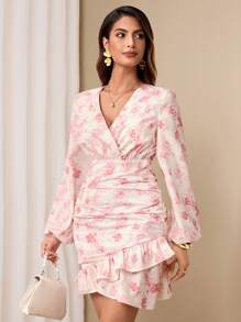 Chiquease Women's Elegant Ditsy Floral V-Neck Short Dress Fall Cloth For Women