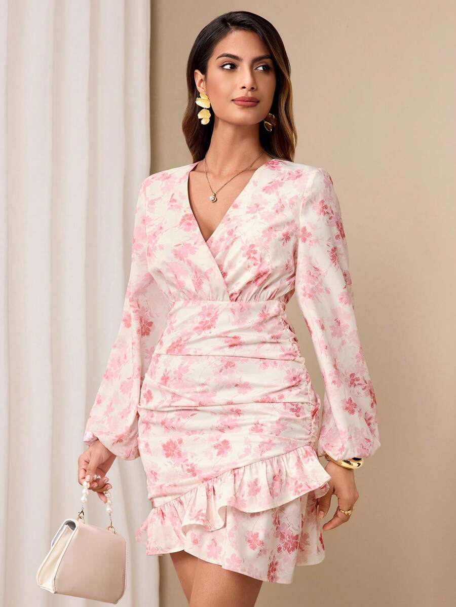 Chiquease Women's Elegant Ditsy Floral V-Neck Short Dress Fall Cloth For Women