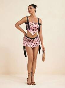 LUNA B Pink Leopard Print Elastic Waist Asymmetric Adjustable Drawstring Sexy Mini Skirt Summer Beach Women Summer Set Women 2 Pieces Outfits Petite In Woman Clothing Women Two Pieces Outfits Summer Women Two Pieces Outfits - Pink - View 3