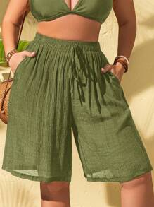 Swim Lushoire Lace Up Plus Size Women's Romper With Pockets, Loose Fitting Short Jumpsuit For Summer Beach Vacation - Army Green - View 1