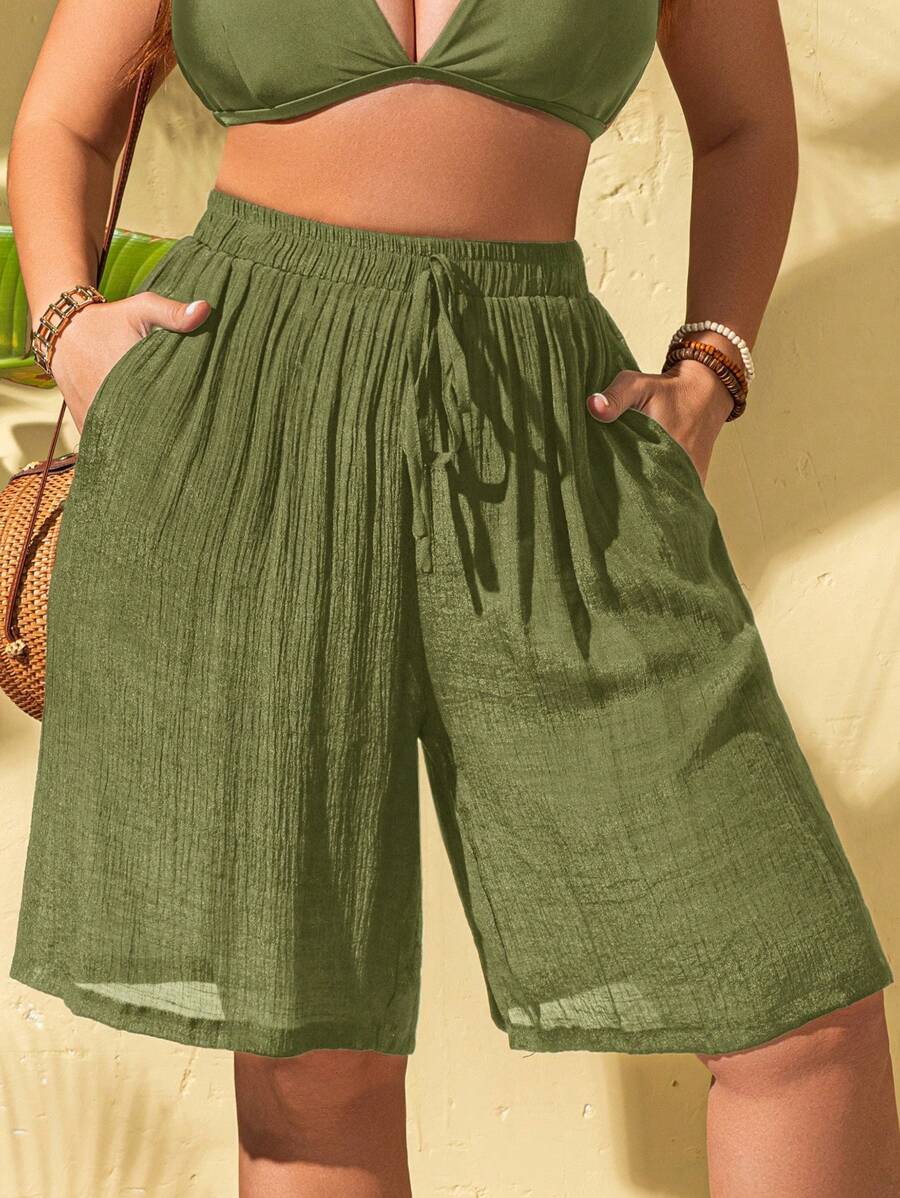 Swim Lushoire Lace Up Plus Size Women's Romper With Pockets, Loose Fitting Short Jumpsuit For Summer Beach Vacation - Army Green - View 1