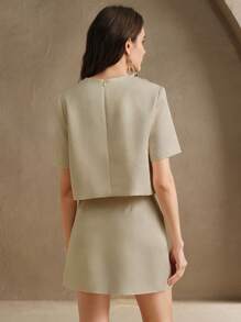 Anewsta 2 pezzi/set Top a maniche corte con collo rotondo ed elegante minigonna in stile urbano, con ricami di perline fatti a mano, completo primavera/estate per donne
