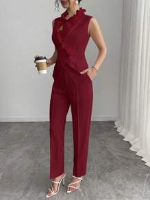 Gloray 2 Pieces Set: Figure-Hugging Sleeveless Deep V-Neck 3D Ruffle Pocket Button Crisscross Asymmetric Hem Cropped Tapered Pants, Elegant Casual Office Work Wedding Party Summer Vest & Trousers For Women - Burgundy - View 4