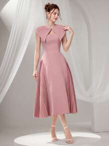 Poshira Elegante abito formale plissettato tinta unita (ricamato pesante), abito da laurea, abito formale da donna taglio lungo, design con perline e paillettes, abito sospensivo estivo da donna per feste, balli e laurea - Rosa - Visualizzare 1