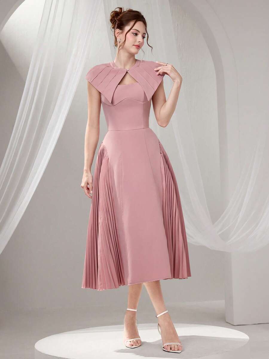 Poshira Elegante abito formale plissettato tinta unita (ricamato pesante), abito da laurea, abito formale da donna taglio lungo, design con perline e paillettes, abito sospensivo estivo da donna per feste, balli e laurea - Rosa - Visualizzare 1
