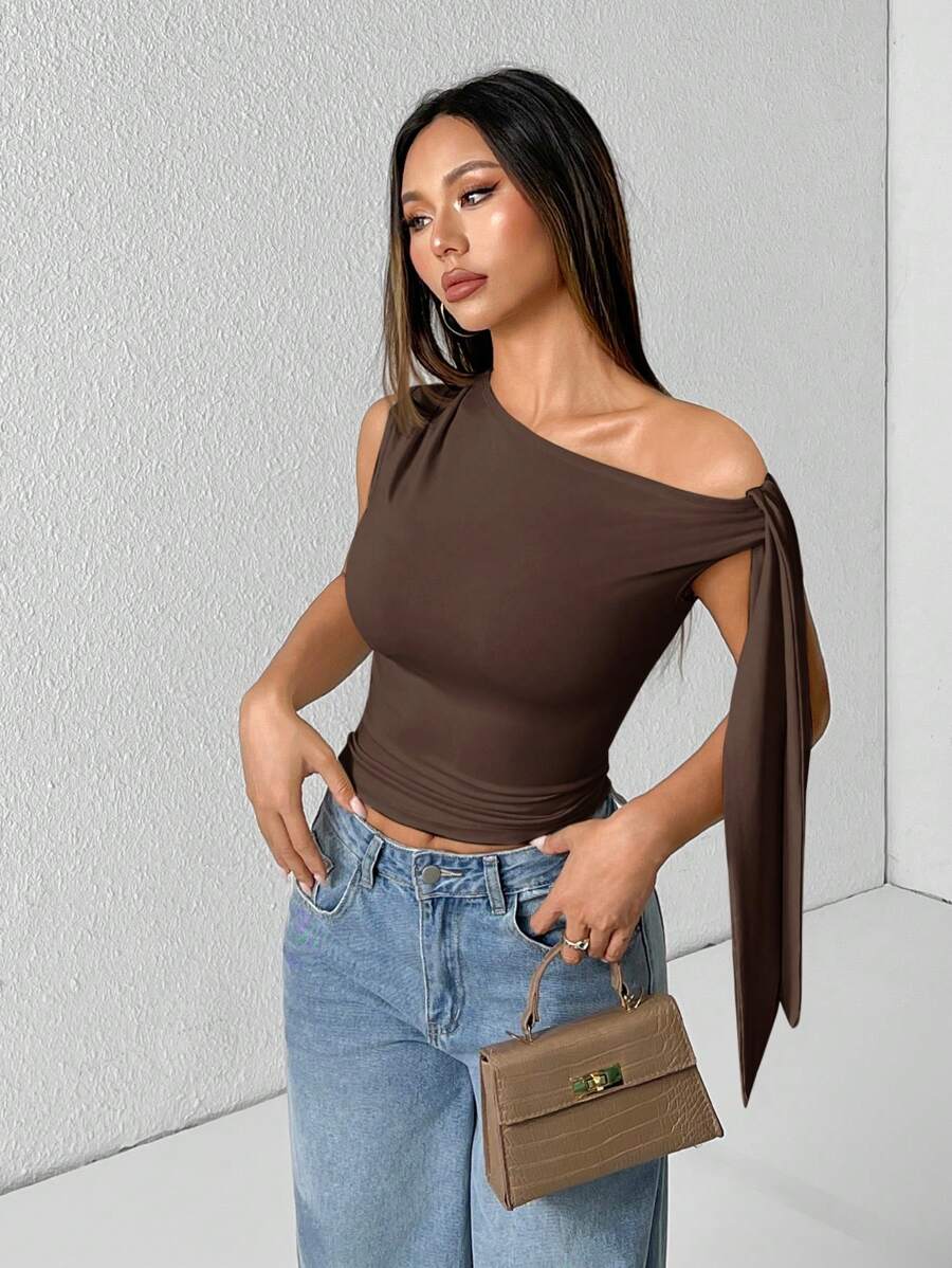 SHEIN PETITE Casual Summer Plain Shoulder-Tied Cropped Top - Brown - View 1
