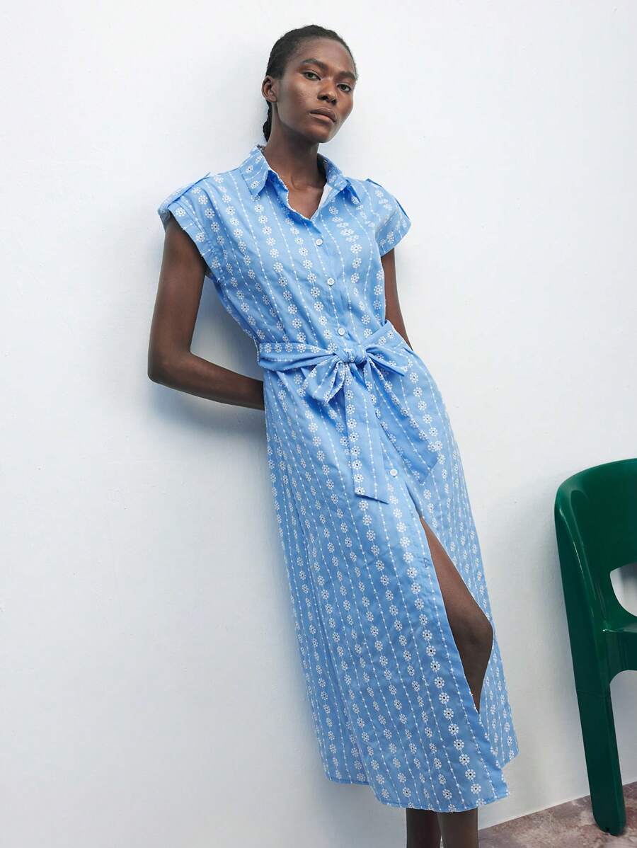 Maija Embroidered Sleeveless Wide Shoulder Resort Light Blue Bowknot Design Shirt Dress, Suitable For Summer Beach Holiday