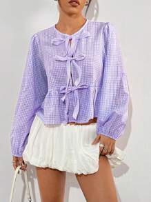 SHEIN EZwear 女士复古时尚黑白格子前襟天鹅绒系带泡泡袖宽松衬衫 - 紫丁香色 - 查看 3