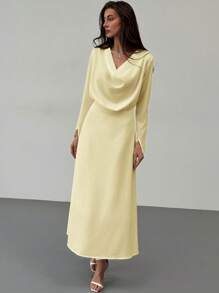 Aloruh Vestido Versátil de Mangas Longas, Cintura Marcada, Design de Babado no Decote Drapeado, Cor Sólida Elegante