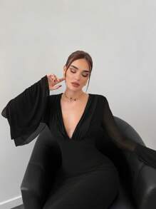 Aloruh Women's Solid Color Deep V-Neck Double-Layer Ruffle Flared Sleeve Fitted Long Mesh Dress, Autumn/Winter - Black - View 5