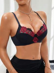 SHEIN 1pc Women's Soft & Comfortable Lace Trim Wireless Unlined Lingerie Bra - Black - View 3