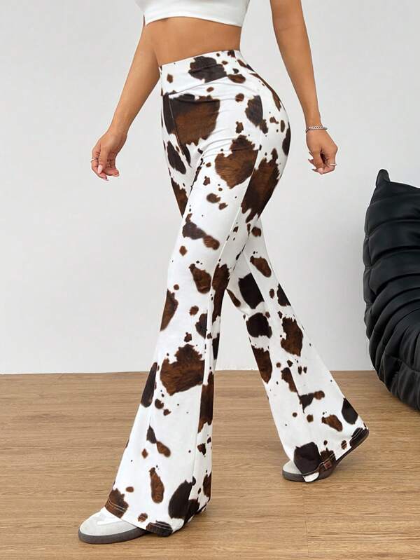 SHEIN EZwear Easter Curve Women's Vintage Cow Print Wide Leg Pants For Holiday, Music Festival Style