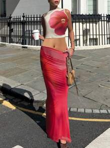 2pcs/Set Sleeveless Printed Tank Top & Fishtail Bodycon Skirt - Red and White - View 4