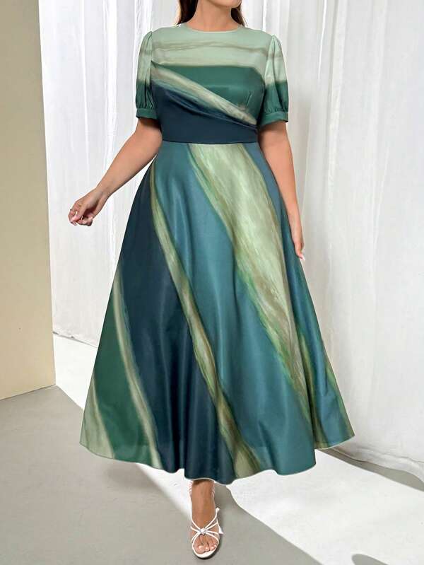 Firerie Rochie lungă elegantă, cu mâneci bufante, cu imprimeu Tie-Dye, verde, primăvară/vară, potrivită pentru absolvire, târg renascentist
