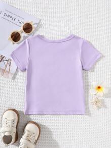 SHEIN Playful Pals 女宝宝黑色英文字母印花休闲圆领短袖T恤，夏季 - 淡紫色 - 查看 2