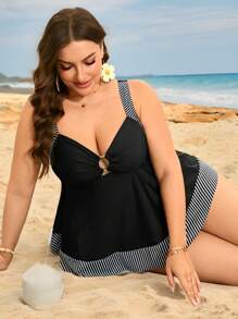 Swim Lushoire 2pcs/Set Plus Size Women Striped Print Thick Strap Crop Top With Front Ring & High Waist Shorts Bikini Swimsuit, Casual Beach Holiday