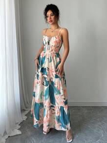 Elenzga Women's Latest Fashion Slim Spaghetti Strap Waisted Flared Long Dress, Leaf Print, Vacation Summer - Multicolor - View 6