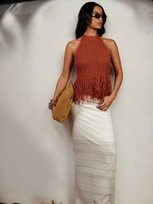 COSMINA Women Solid Color Backless Fringe Hem Knit Camisole Top